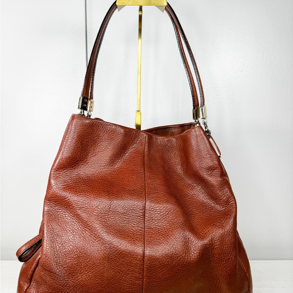 Madison Phoebe 26224 Coach Pebbled Leather Shoulder Bag Cognac Brown Red Lining